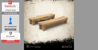 Two wooden benches, one with a draped cloth, designed for 3D printing at a 32mm scale.