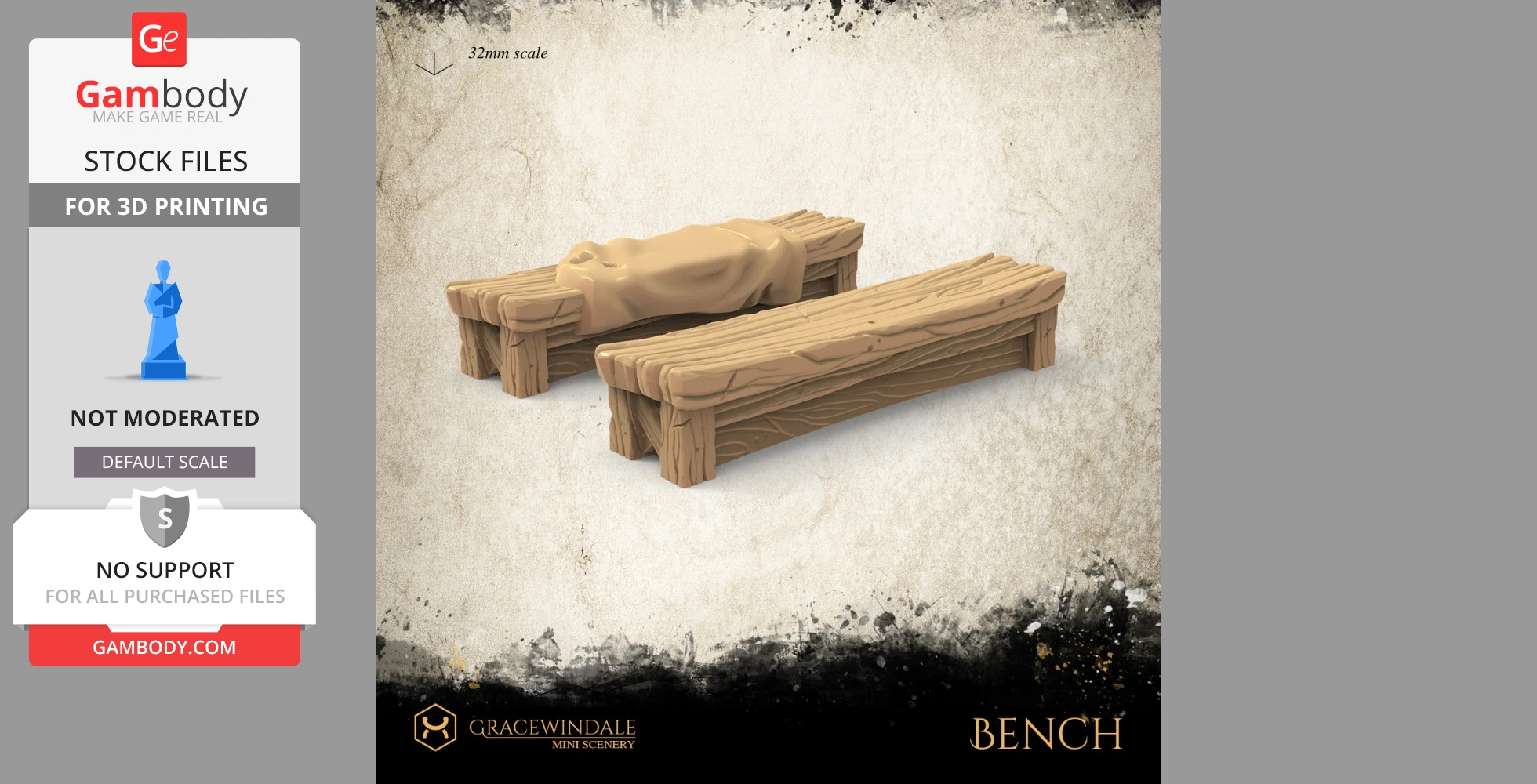 Two wooden benches for 3D printing, one covered with a cloth, shown at a 32mm scale.