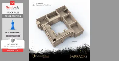 3D model of a medieval barracks ground floor layout with detailed stone and wooden structures.