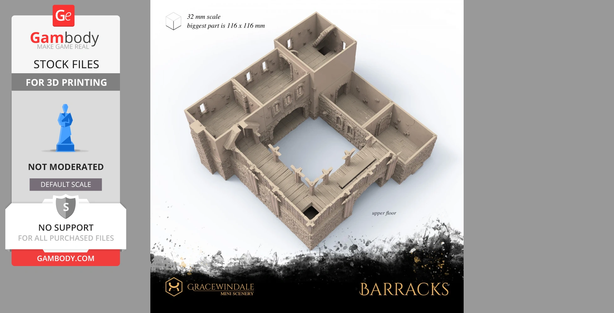 3D model of a medieval-style barracks with detailed walls and open courtyard for printing.