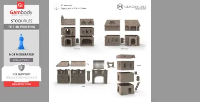 Miniature medieval building parts for 3D printing, including roofs, walls, and towers on a 32mm scale.