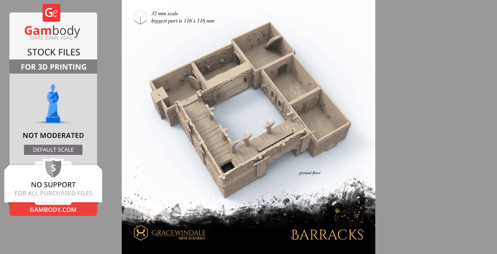 3D model of a medieval barracks ground floor layout with detailed stone and wooden structures.