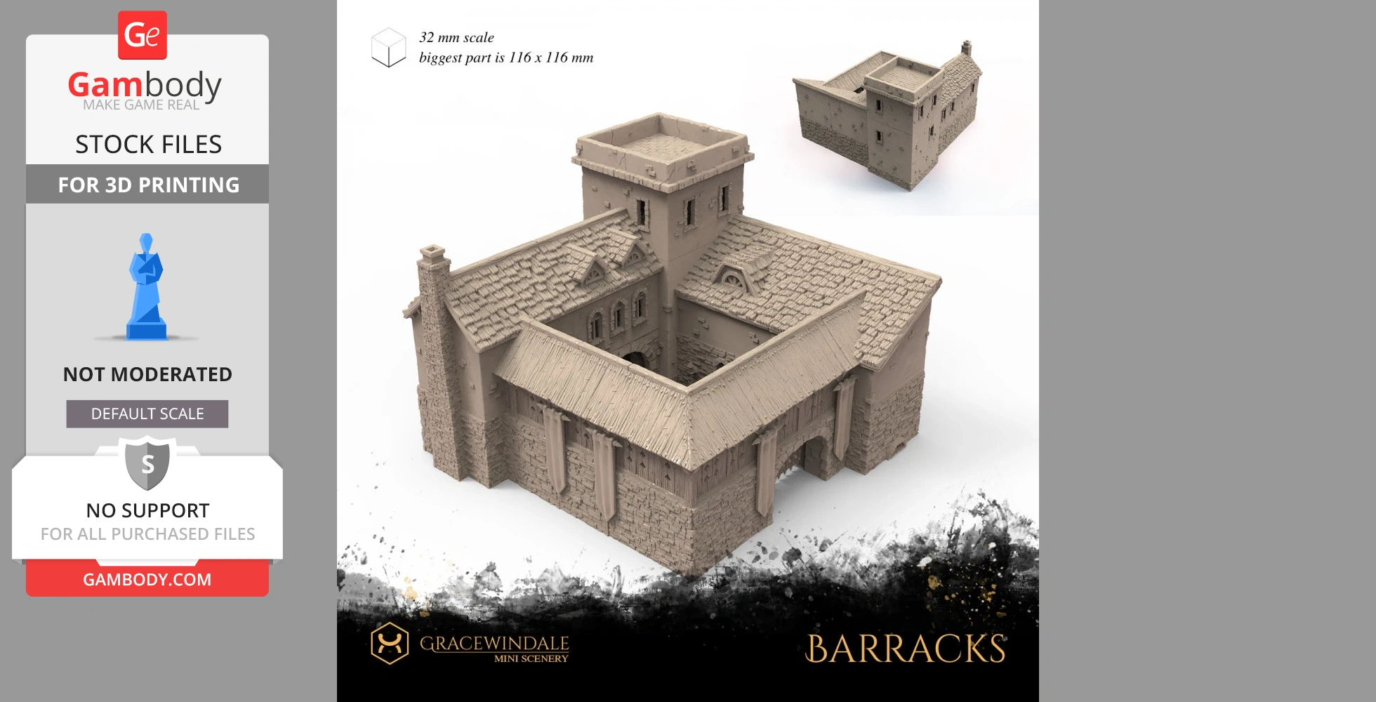 3D print model of medieval barracks with stone walls and detailed roof tiles.