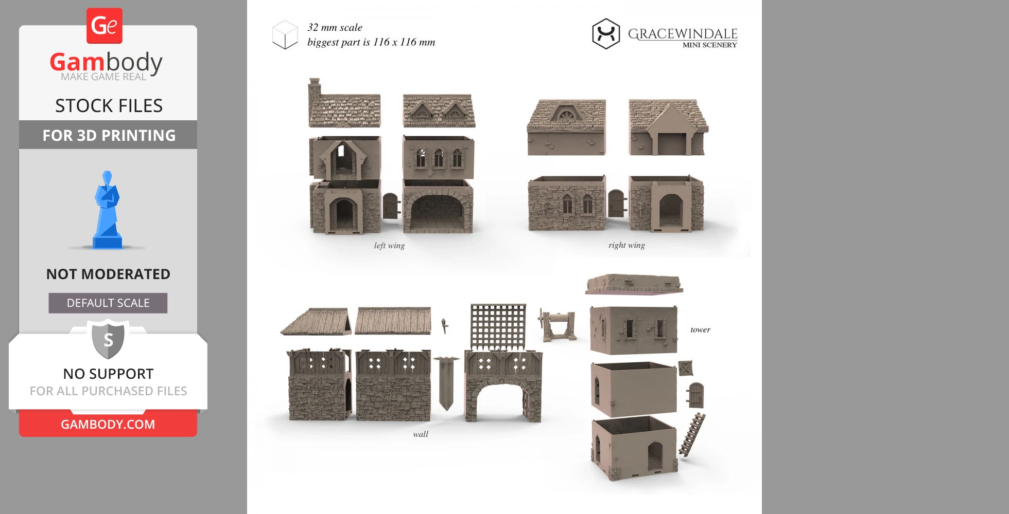 Detailed 3D printable parts of a medieval building with sections labeled: left wing, right wing, wall, tower.