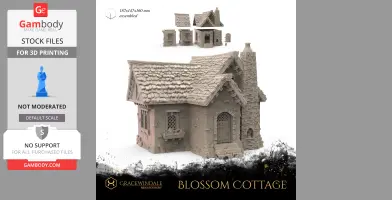 3D model of a detailed, rustic cottage with a stone chimney and shingled roof.