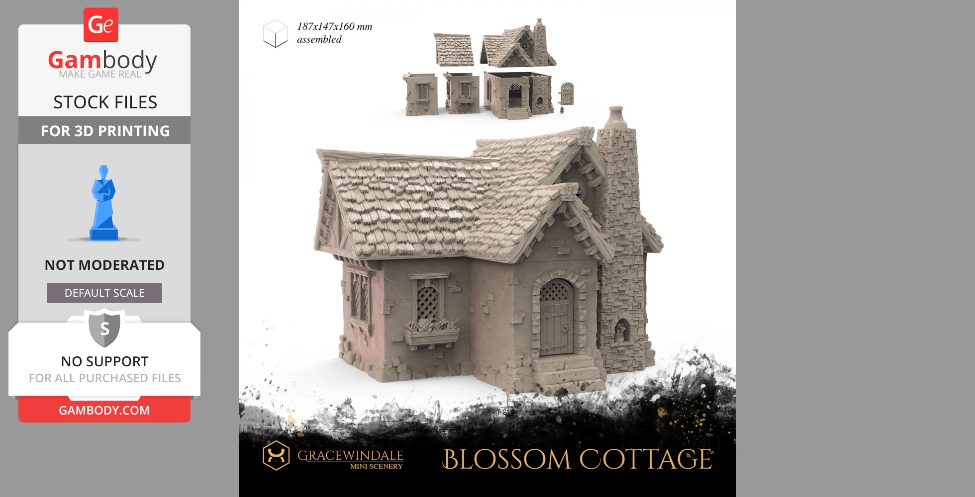 Detailed 3D model of a rustic cottage with a thatched roof and stone chimney, suitable for 3D printing.