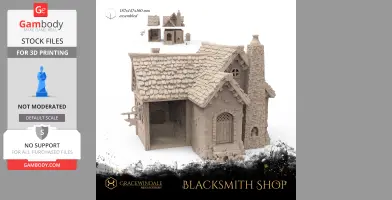Detailed 3D model of a medieval blacksmith shop with stone walls and a shingled roof.