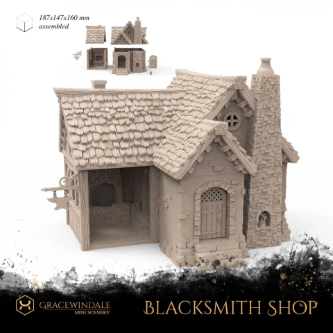 Detailed 3D-printed medieval blacksmith shop with textured roof and chimney.