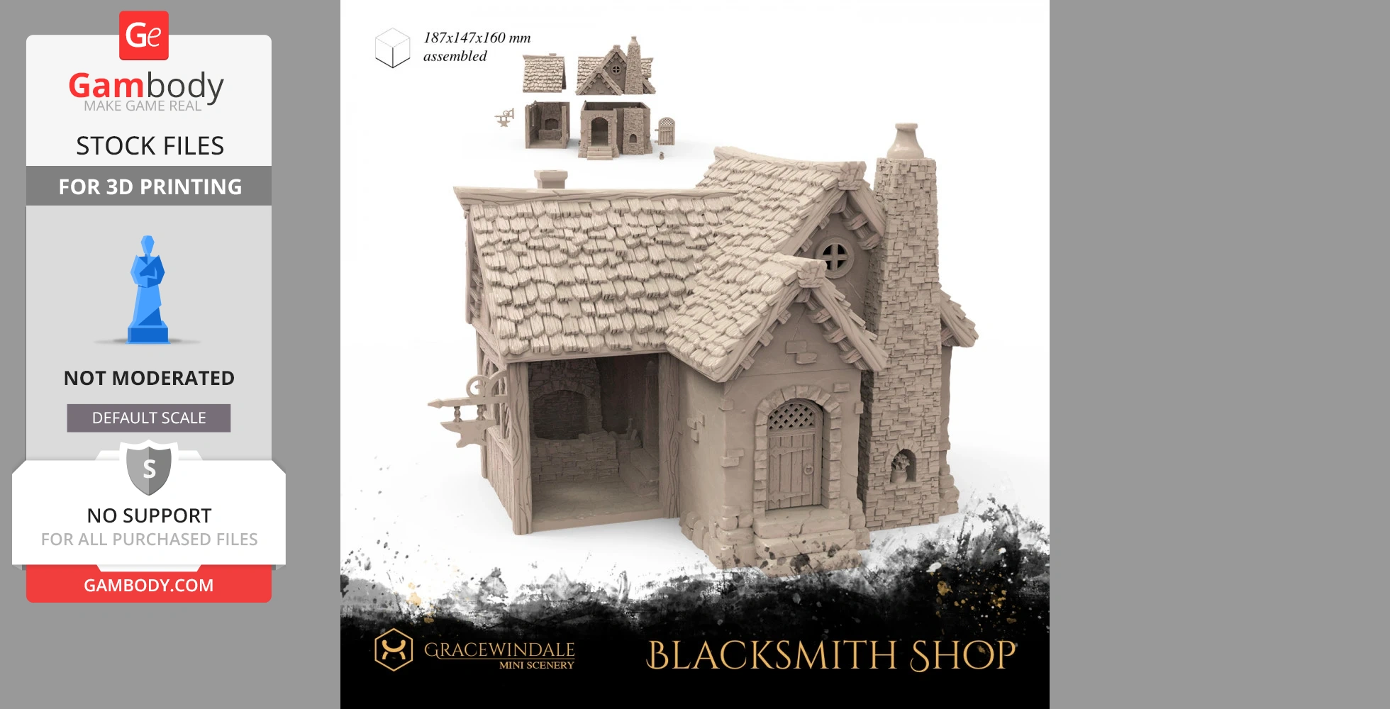 Detailed 3D model of a rustic blacksmith shop with stone walls and a shingled roof for 3D printing.