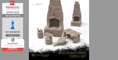 Brick forge, anvil, tools, and barrel in a blacksmithing 3D printing set.