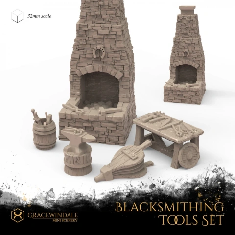 3D model set of blacksmithing tools: furnaces, anvil, barrel, and bellows at 32mm scale.
