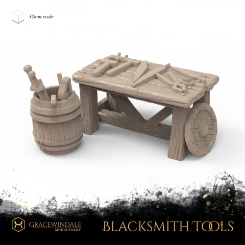Miniature blacksmith workbench with tools and a barrel, designed for 3D printing at 32mm scale.