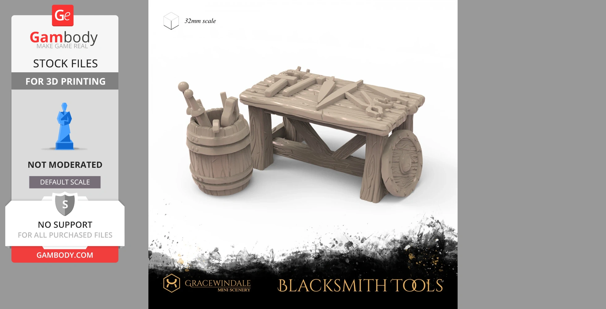 A 3D model of a blacksmith's workbench with tools and a wooden barrel.