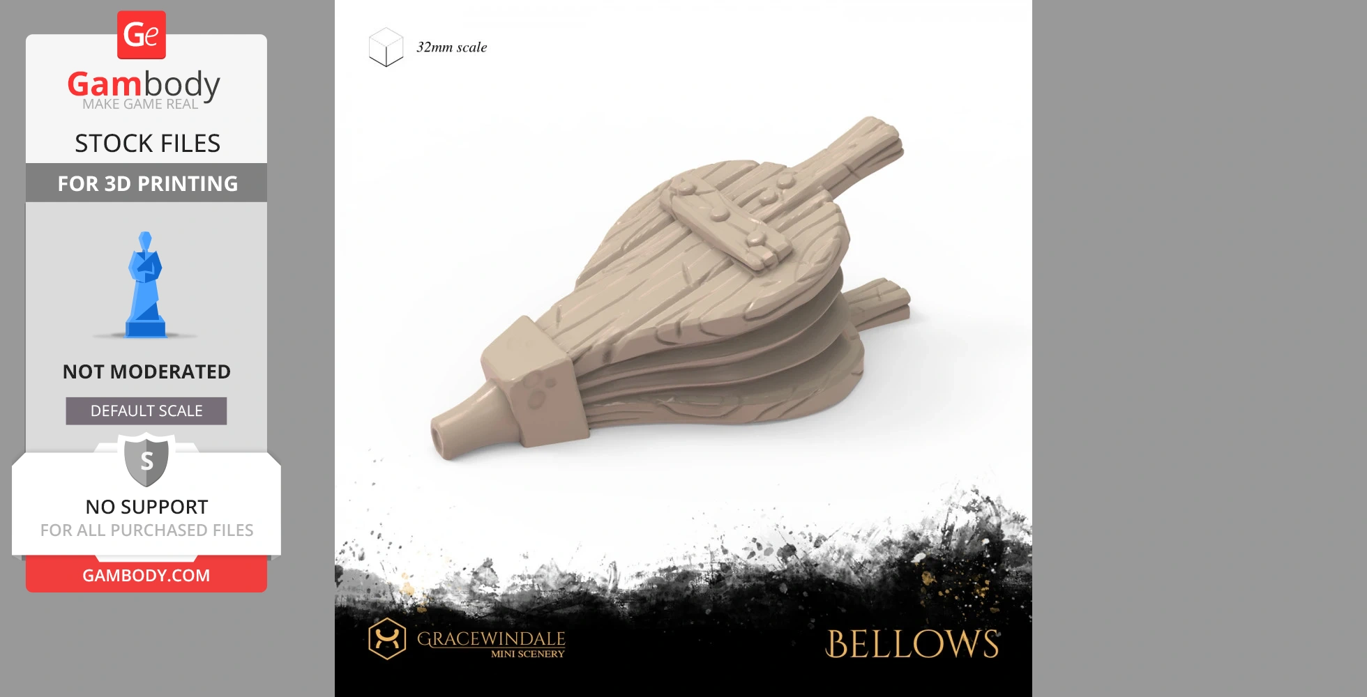 A 3D model of a wooden bellows with detailed textures, designed for 3D printing.