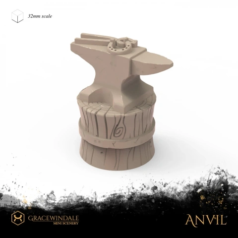 3D model of an anvil on a wooden base, designed for tabletop gaming at 32mm scale.