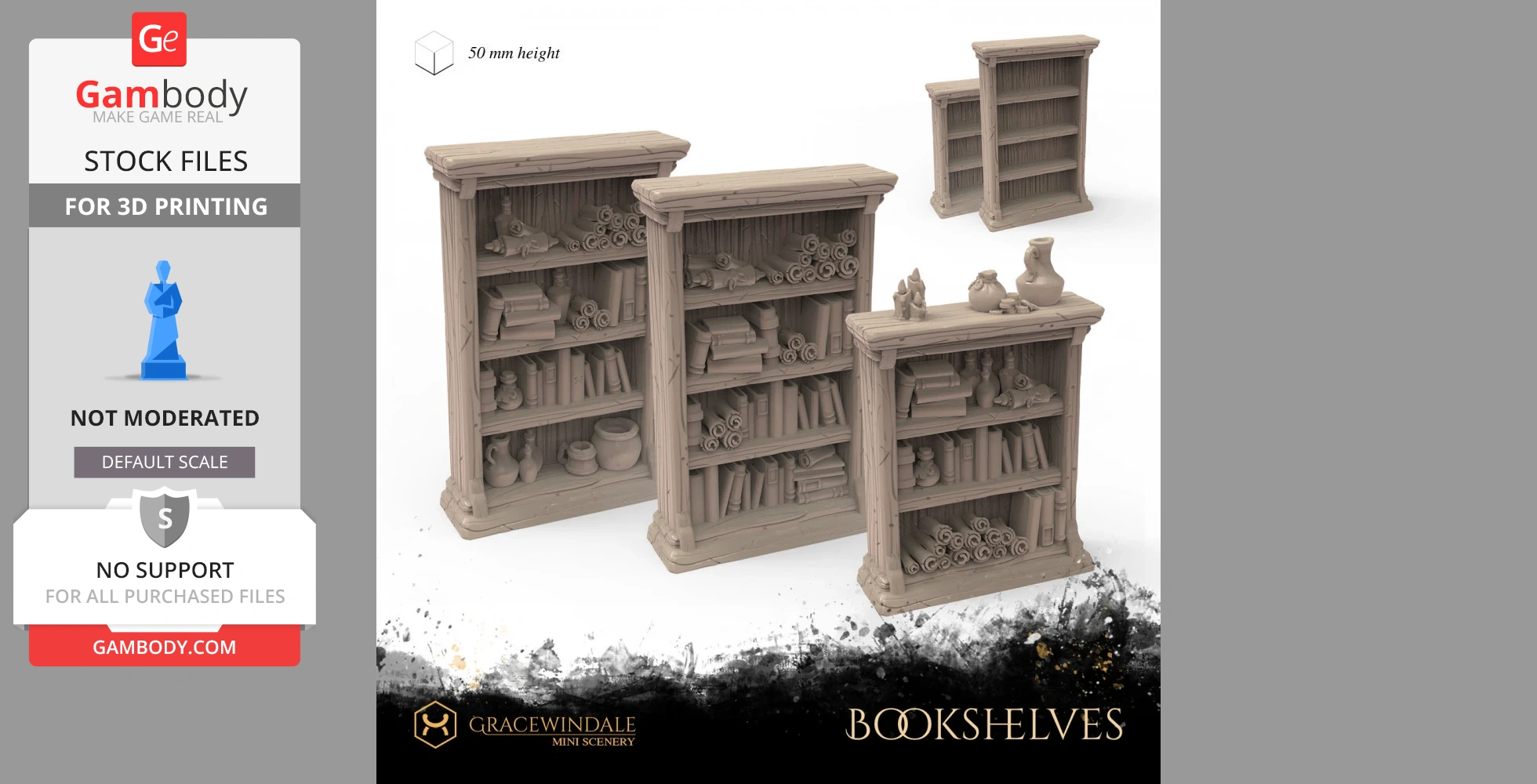 Various 3D printed bookshelves filled with books and scrolls, designed for miniature scenes.