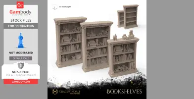 Four detailed 3D-printed bookshelves filled with books and scrolls, ideal for miniature scenery.