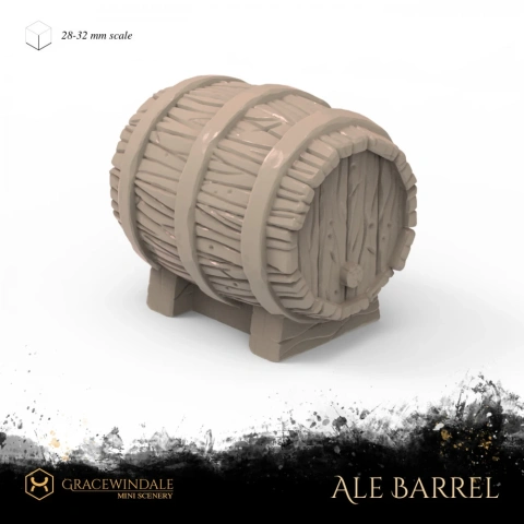 Wooden ale barrel on a stand, designed for 3D printing at 28-32 mm scale.
