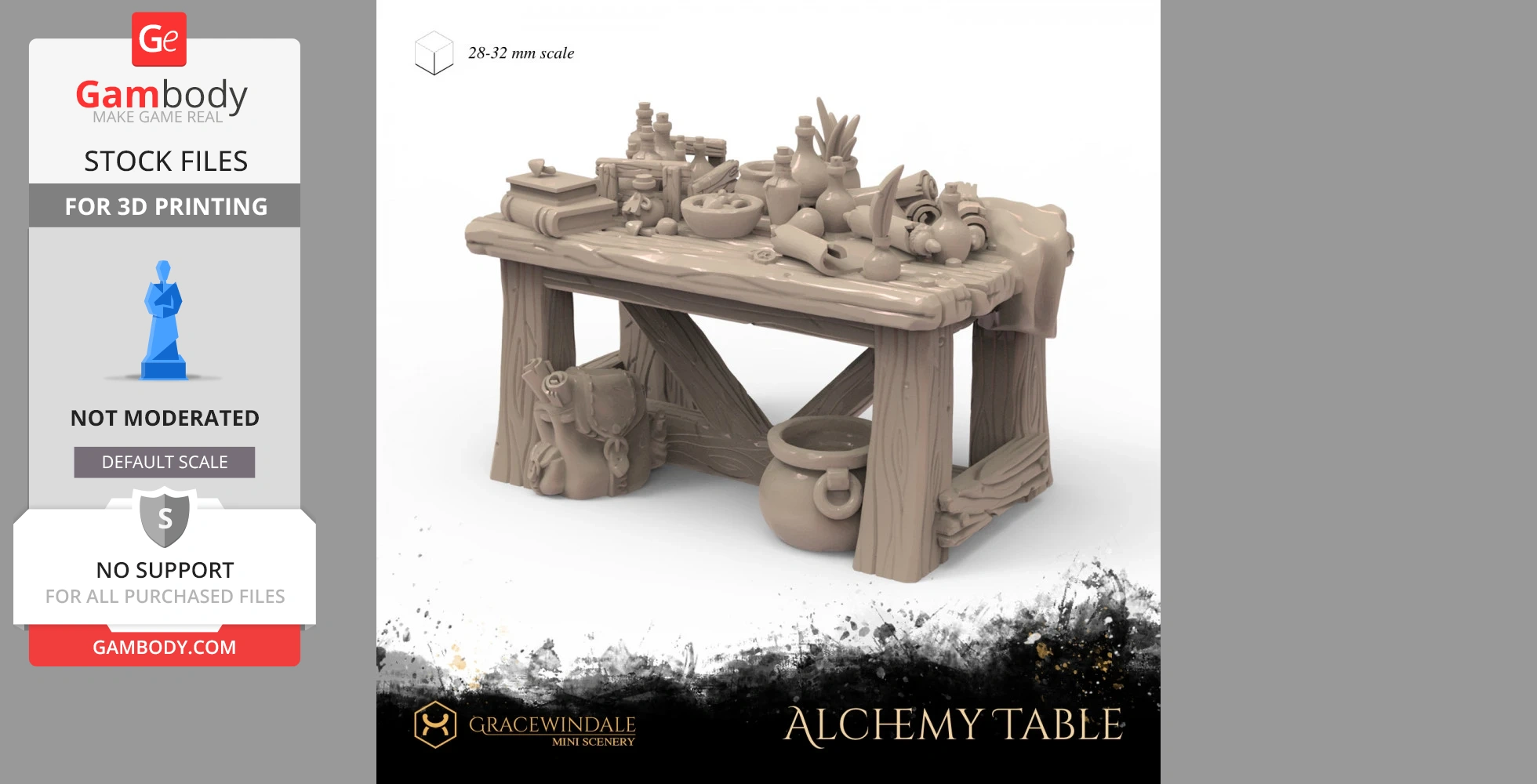 A detailed 3D model of an alchemy table with bottles, books, and tools for 3D printing.