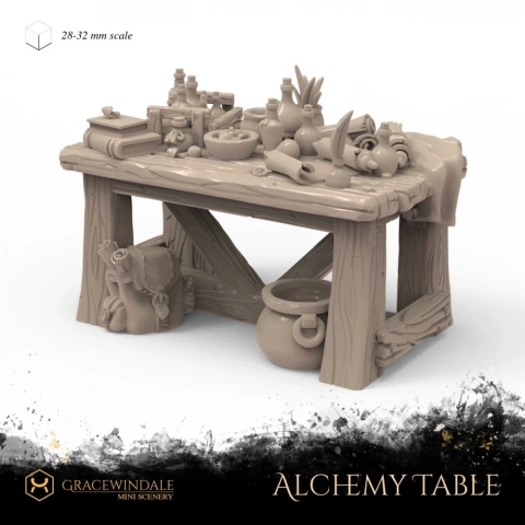 A detailed alchemy table with bottles, scrolls, and tools, perfect for 3D printing miniatures.