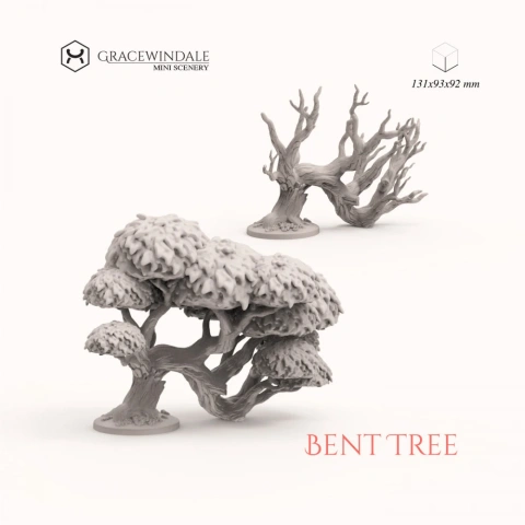 Two intricate 3D-printed bent tree models, detailed branches and foliage, for tabletop scenery.