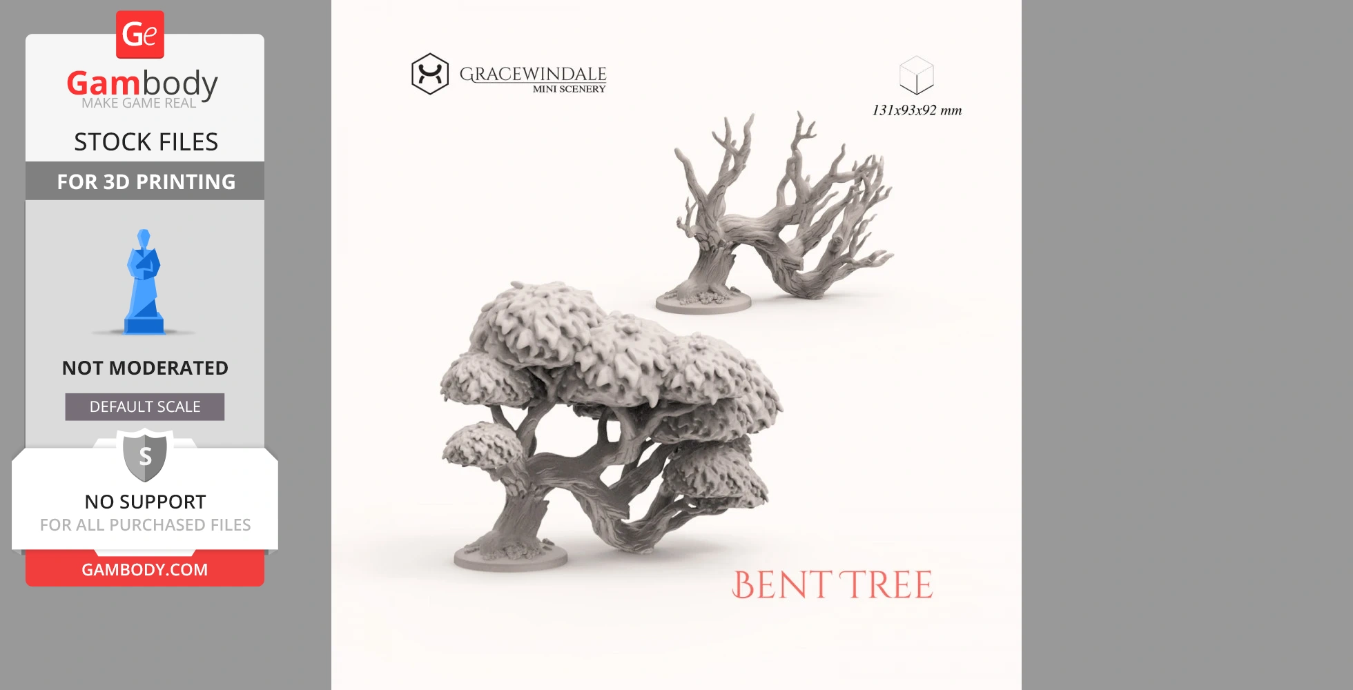 Two 3D printed bent tree models with detailed branches and foliage, presented on display stands.