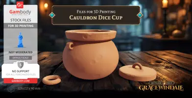 A 3D printable cauldron-shaped dice cup with a lid and ring, set on a wooden table.