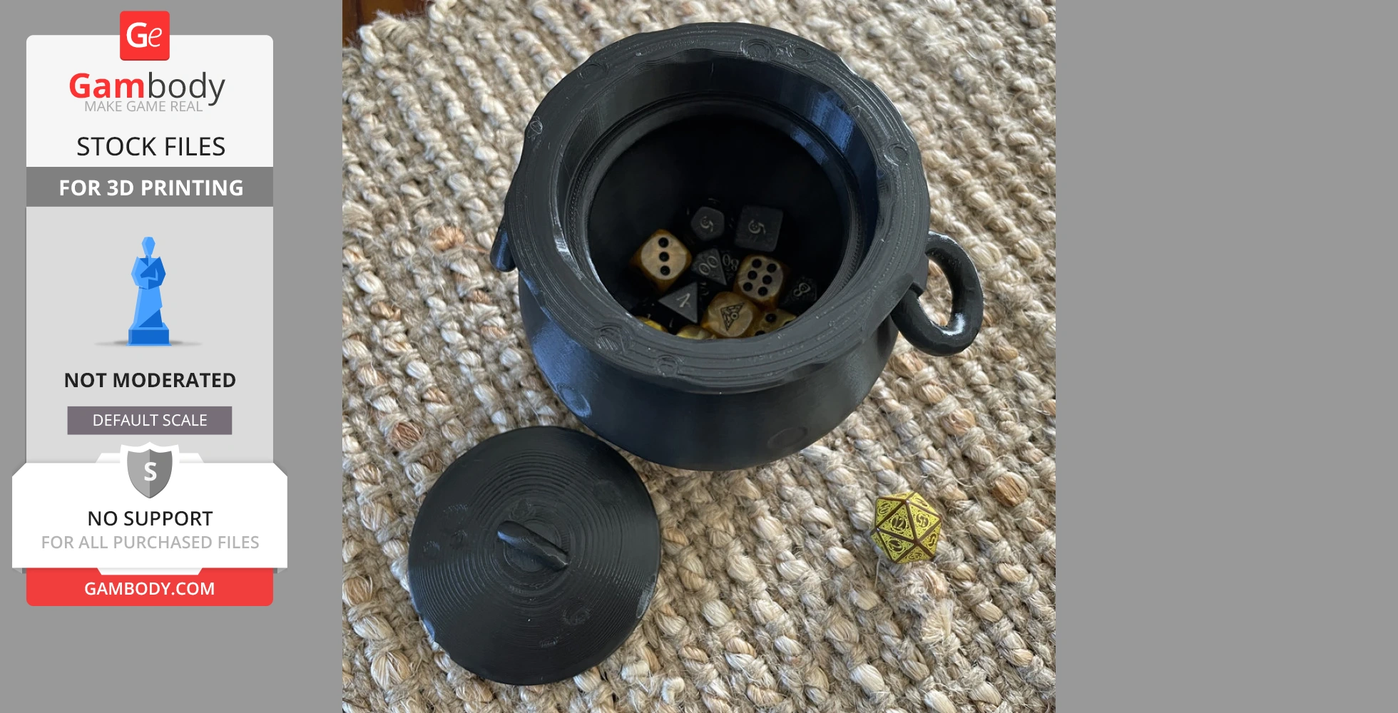A 3D-printed black cauldron with detached lid, containing various dice on a woven surface.