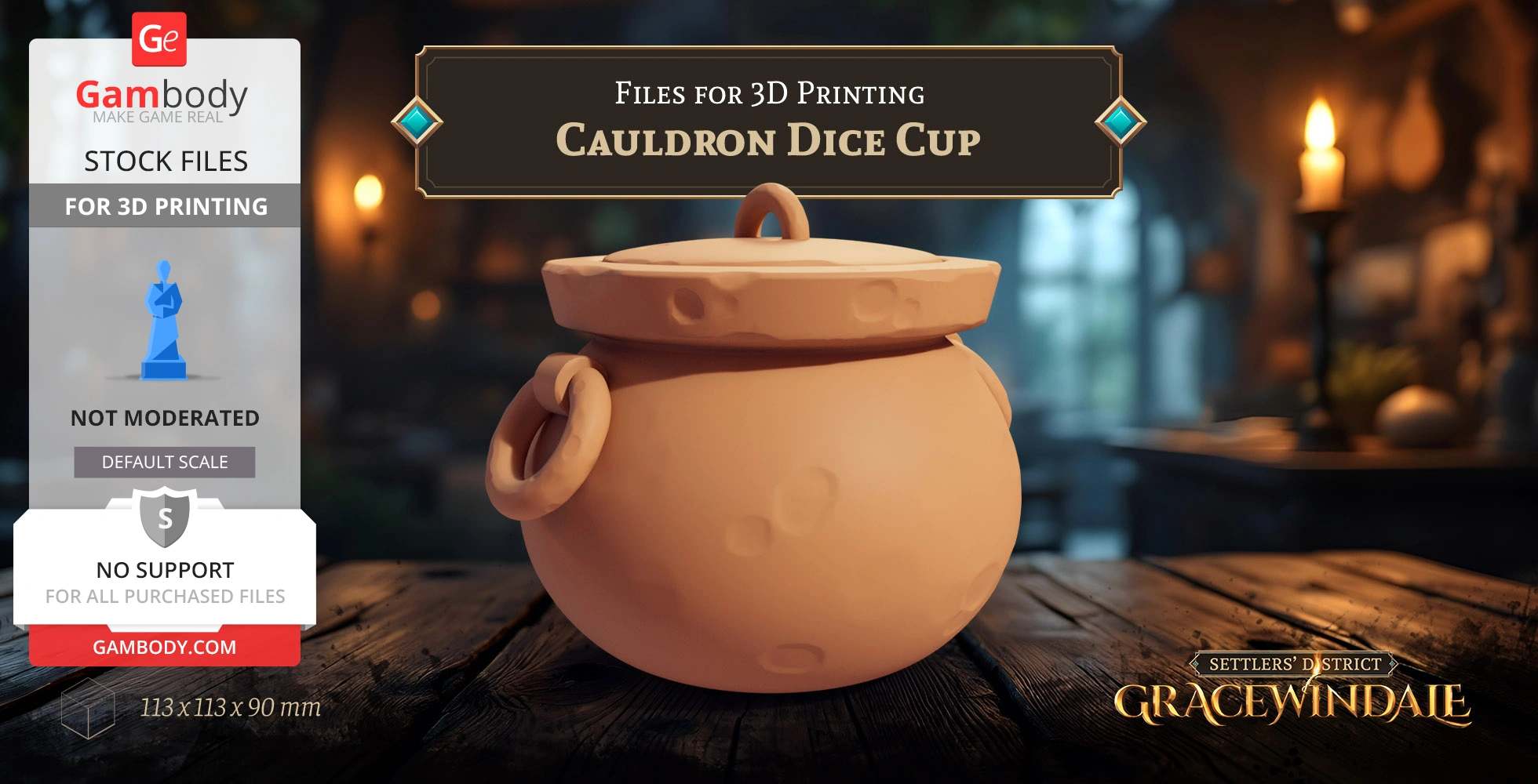 3D model of a cauldron-shaped dice cup with a lid and handle rings, set in a dimly lit room.