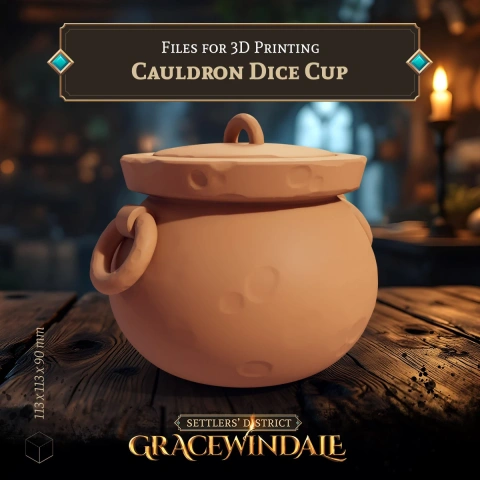 A 3D printable cauldron-shaped dice cup with a lid, on a wooden table setting.