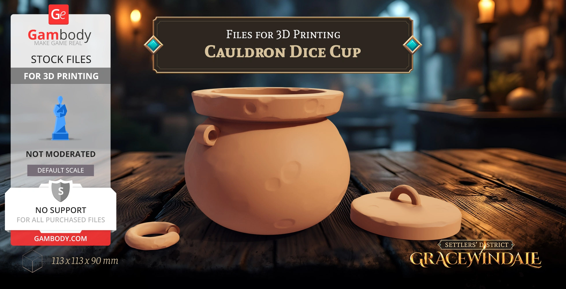 A 3D printable cauldron-shaped dice cup with a lid and ring, set on a wooden table.