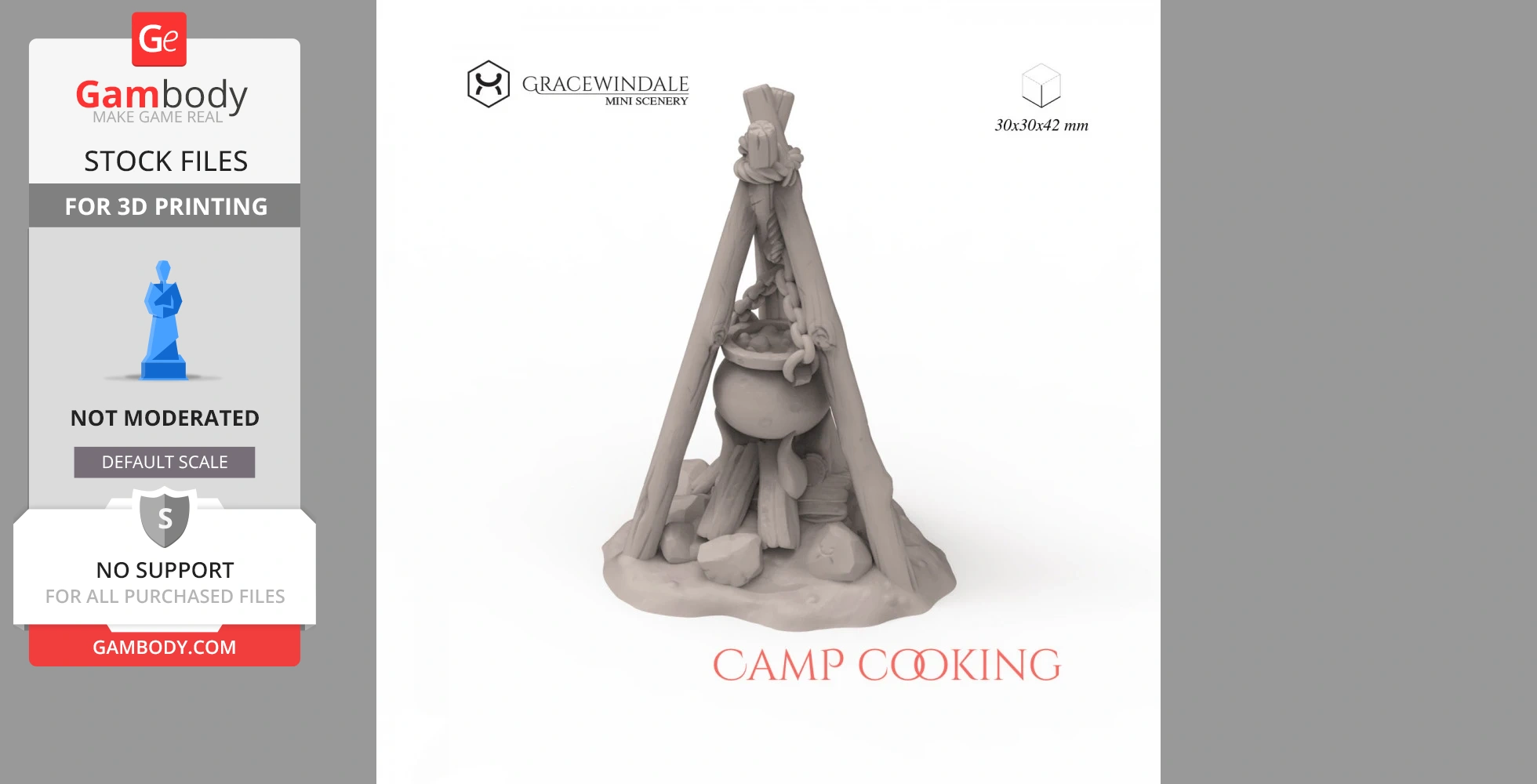 Triangular campfire setup with pot hanging over logs and rocks for 3D printing.