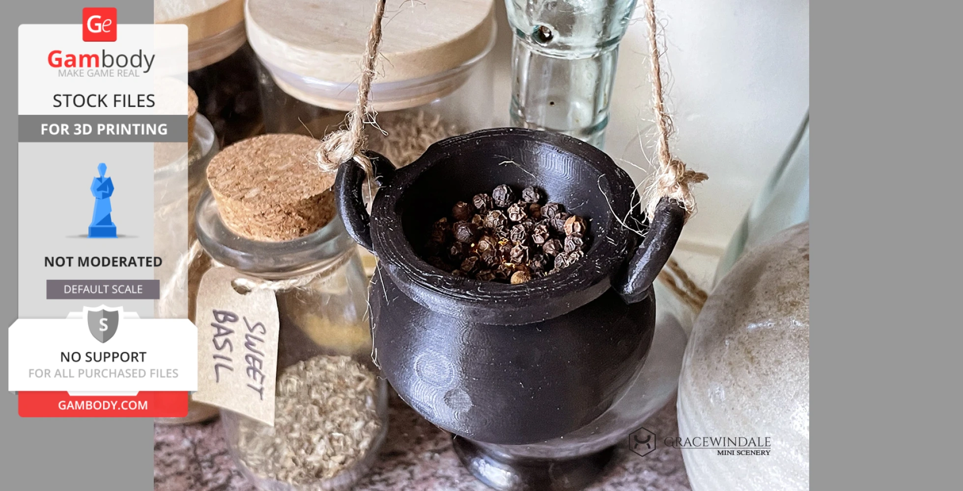 A small 3D-printed black cauldron filled with peppercorns, surrounded by spice jars.