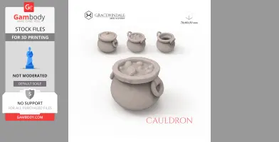 3D models of four small cauldrons with handles and varying designs on top.