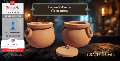 Two clay cauldrons with handles, one with a lid beside them, styled for 3D printing.