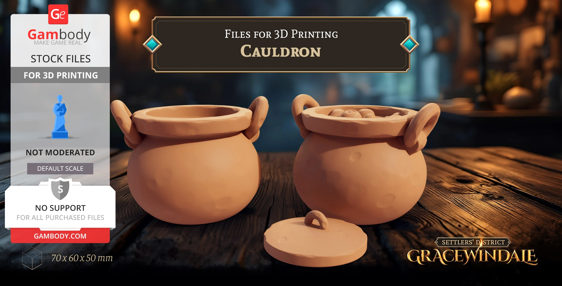Two clay cauldrons with handles, one with a lid beside them, on a wooden table background.