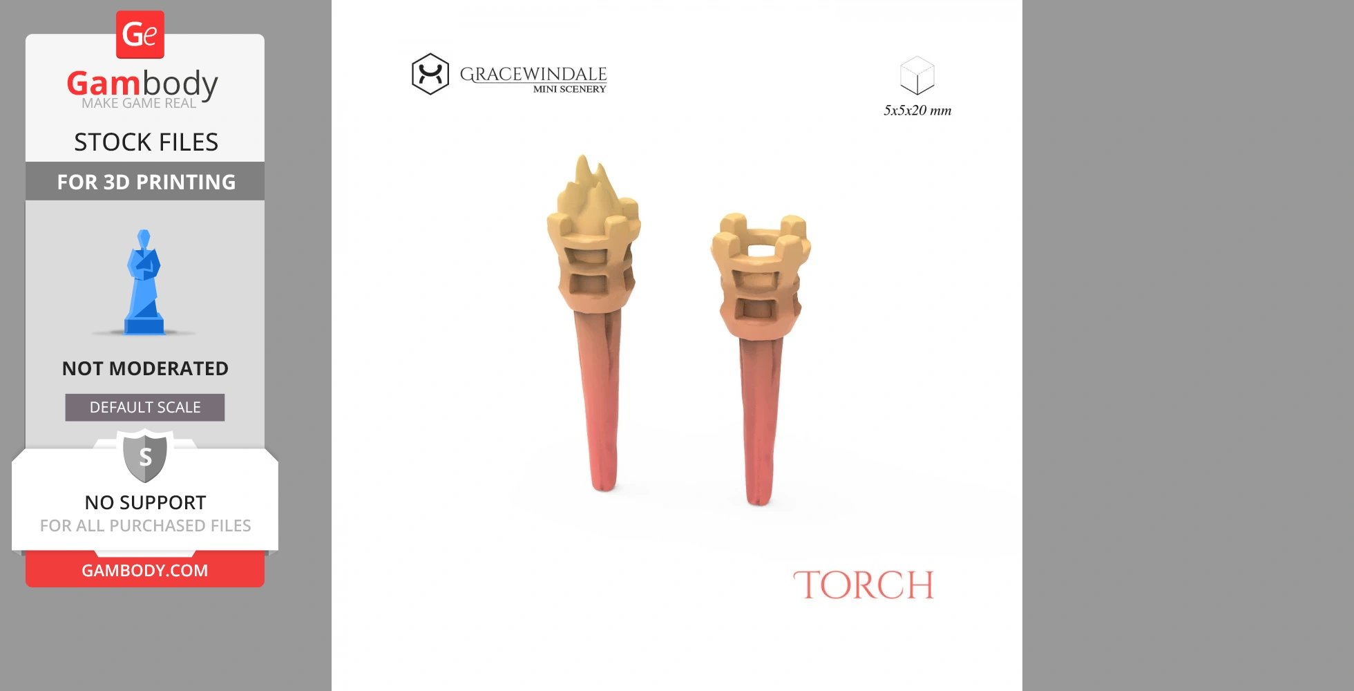 Two stylized 3D-printed torches with a flame and basket design.