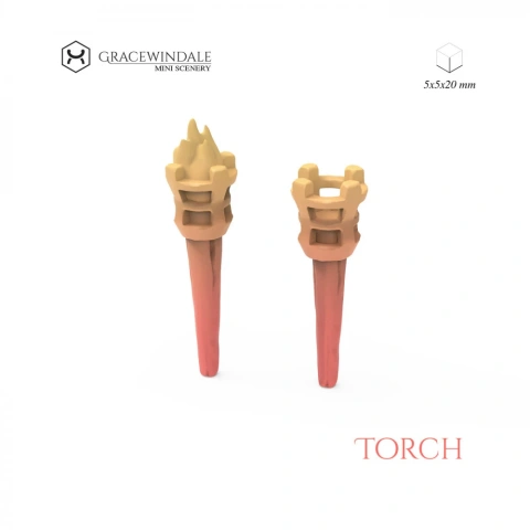 Two miniature torches with flames and detailed handles, measuring 5x5x20 mm.