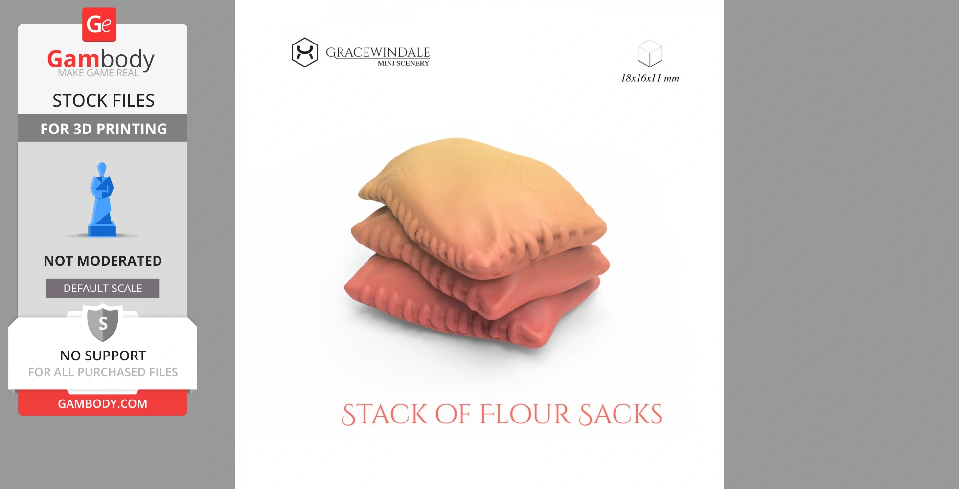Three realistic, stacked flour sacks in varying shades of orange and pink for 3D printing.