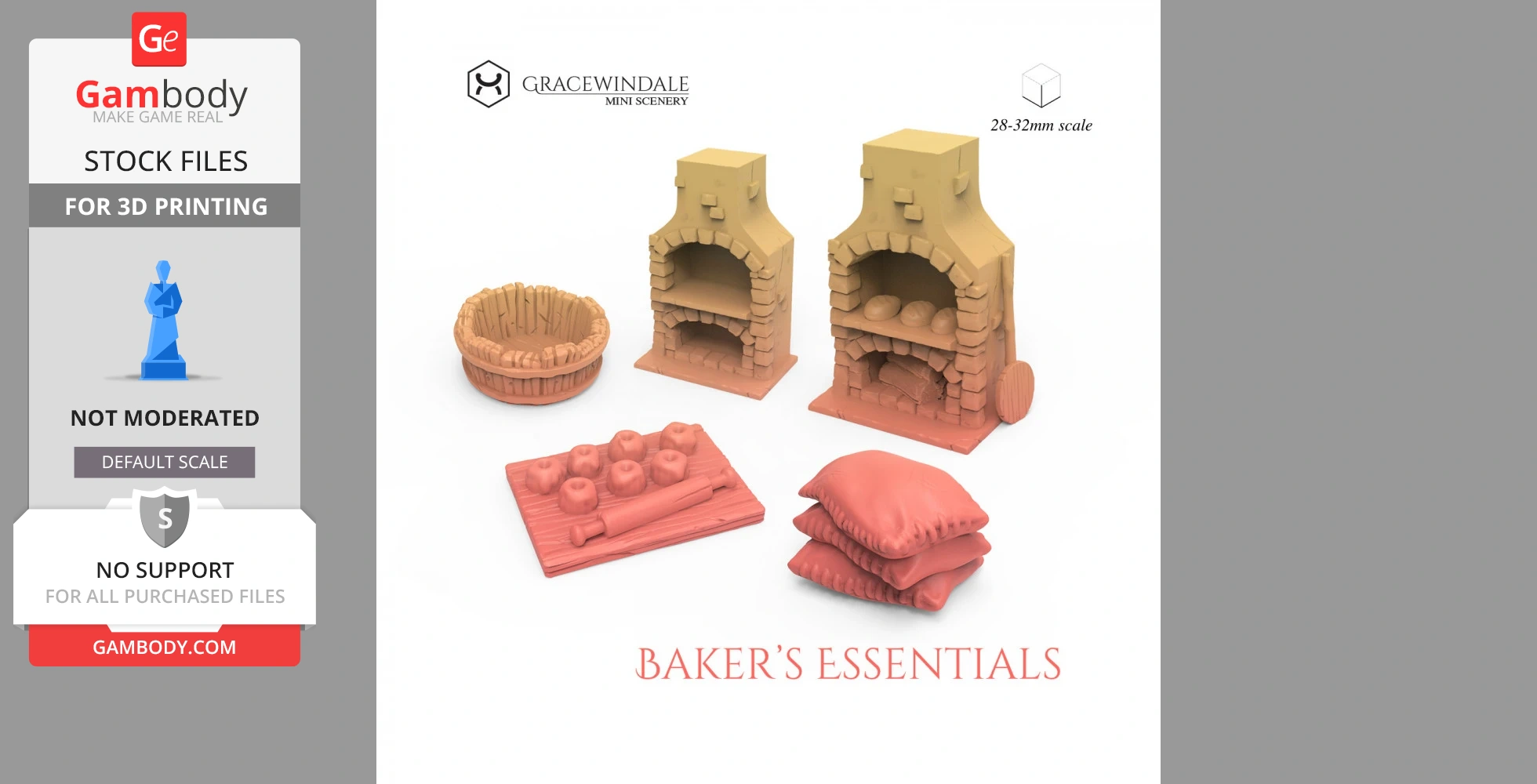 Miniature bakery set with ovens, bread, a rolling pin, basket, and sacks for 3D printing at 28-32mm scale.