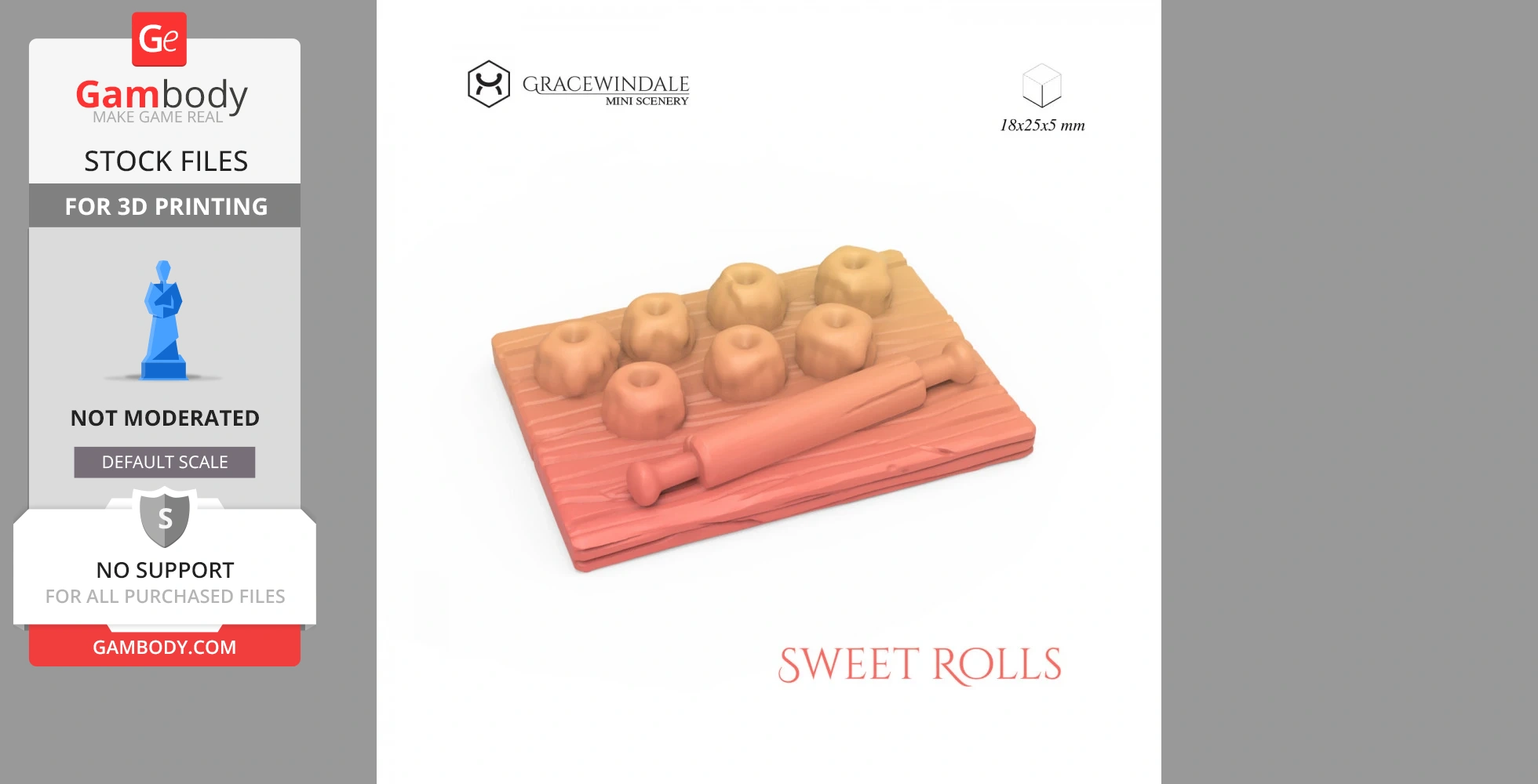 3D model of eight sweet rolls and a rolling pin on a textured wooden board.