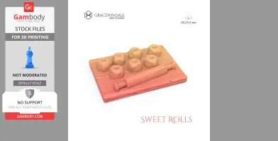3D model of eight sweet rolls and a rolling pin on a textured wooden board.