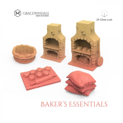 Baker's Essentials: two ovens, a basket, a dough tray, and three stacked sacks for mini scenery.
