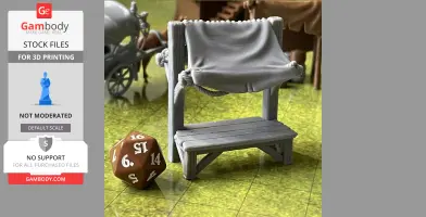 3D-printed tabletop RPG scene with a wash stand and a 20-sided die on a grassy surface.