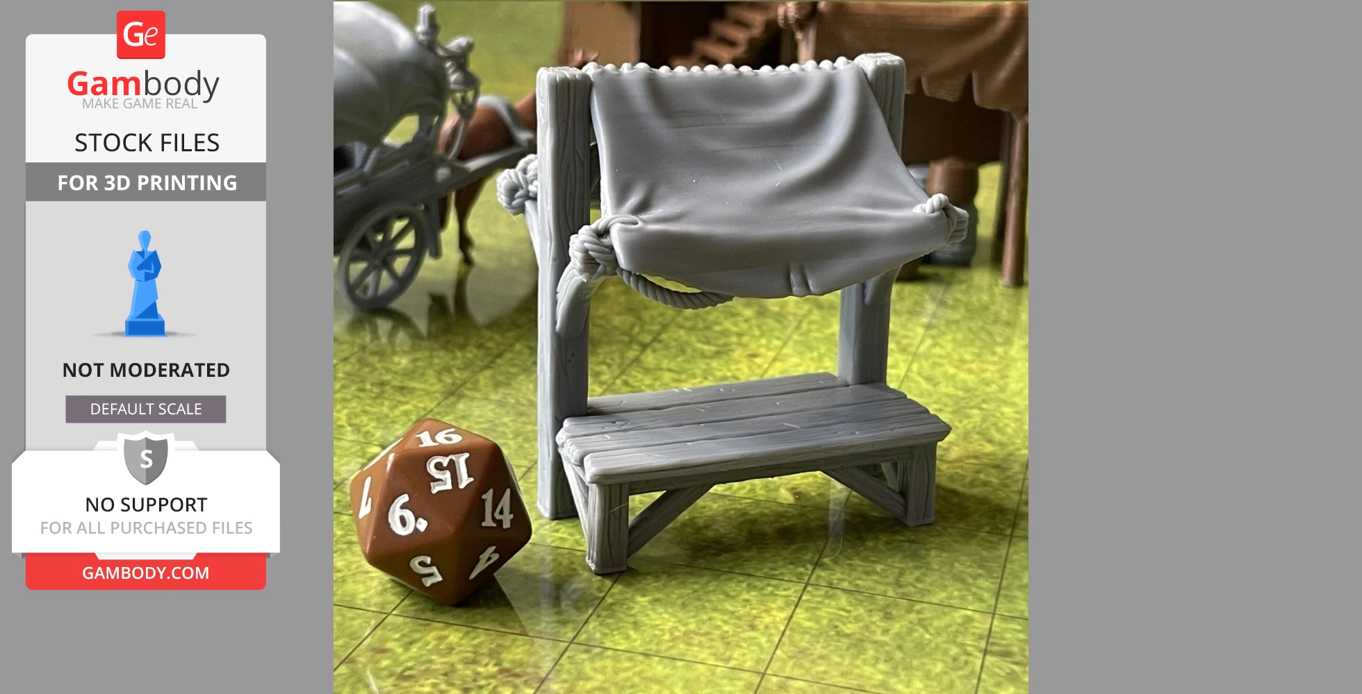 A 3D-printed medieval market stall with a canopy, wooden details, and a 20-sided die nearby.