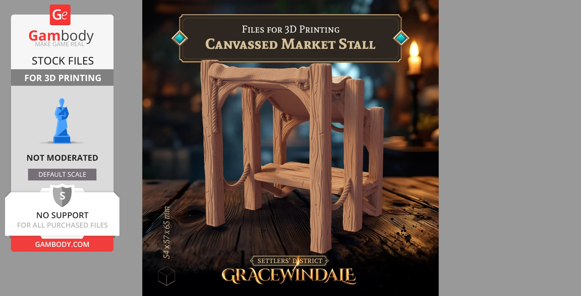 Wooden-style market stall model for 3D printing, featuring a canvas cover and shelves.