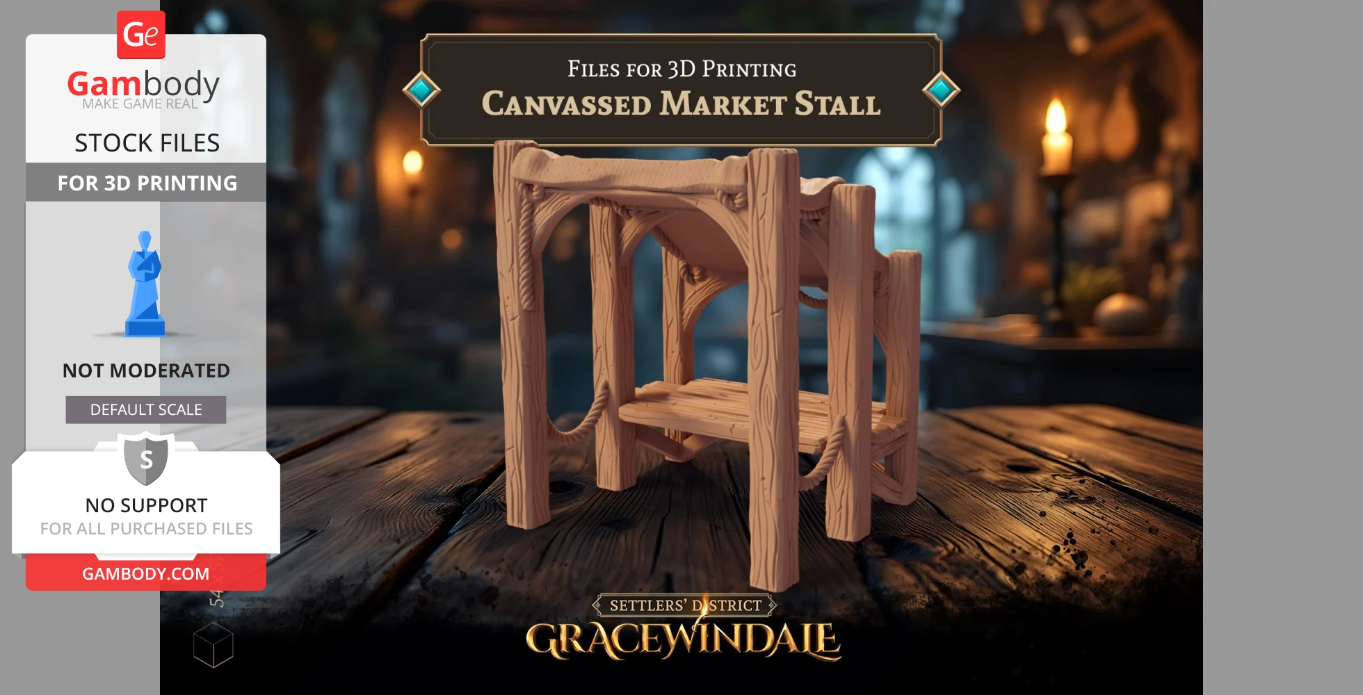 3D model of a rustic market stall with a wooden frame, designed for 3D printing by Gambody.