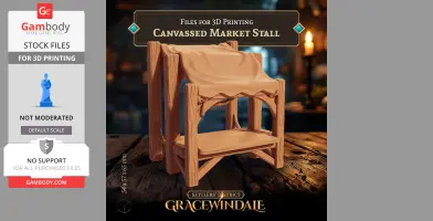 Wooden market stall with canvas canopy for 3D printing, designed in a rustic style.