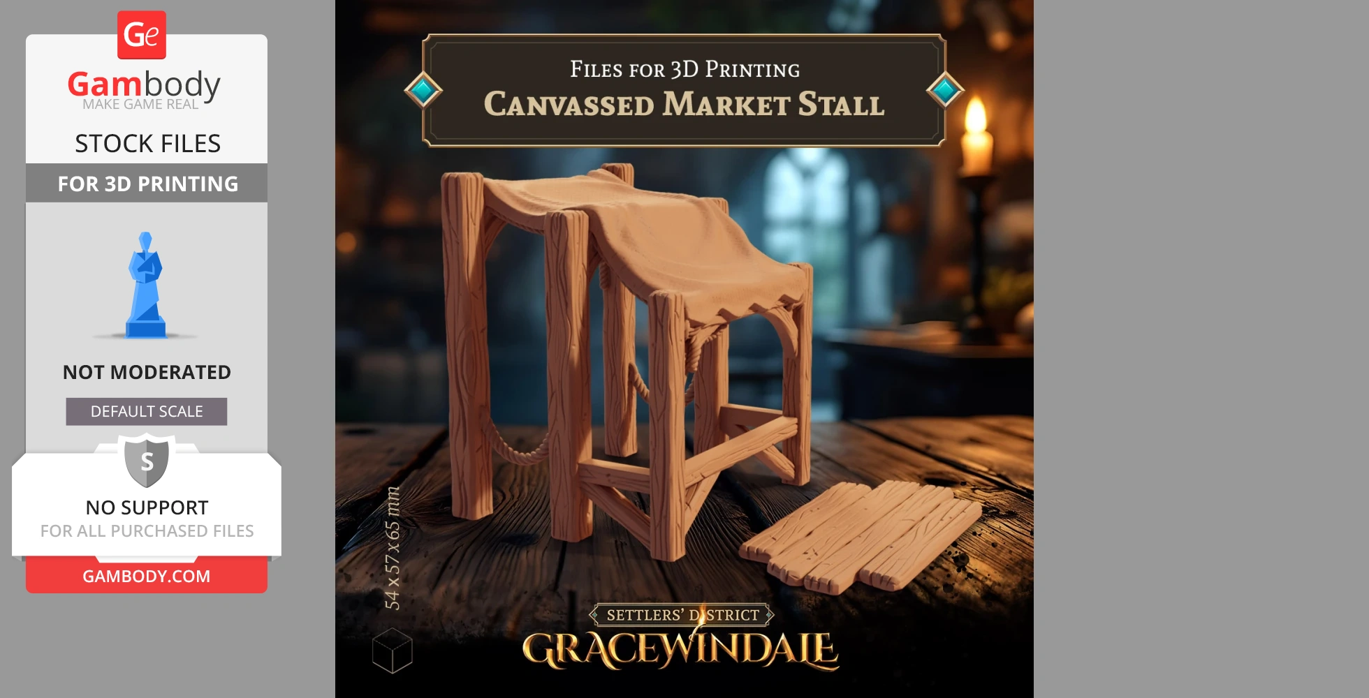 Wooden market stall model with a canvas roof, designed for 3D printing from Gambody.