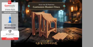 A wooden market stall with a canvas cover for 3D printing, set in an atmospheric, candle-lit room.